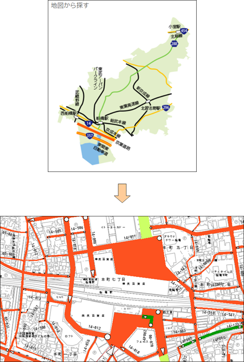 「地図から場所を探す」 「地図から場所を探す」